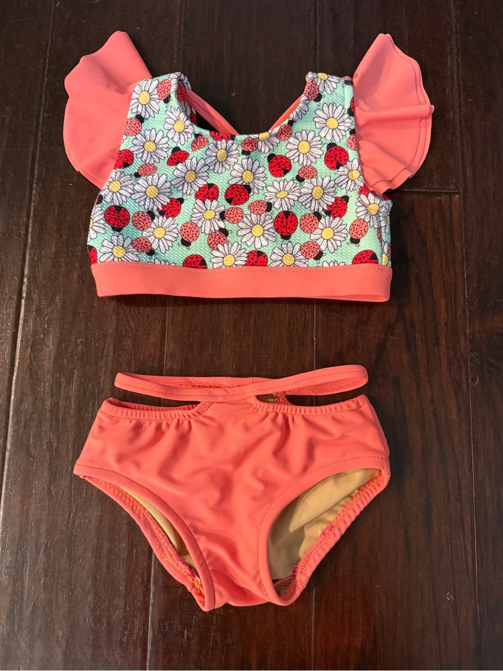 Coral Pink Daisy & Ladybug Kids Two-Piece Swim Set emerald city dancewear
